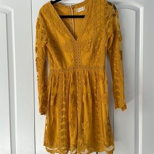 Beautiful mustard yellow lacy long sleeve dress